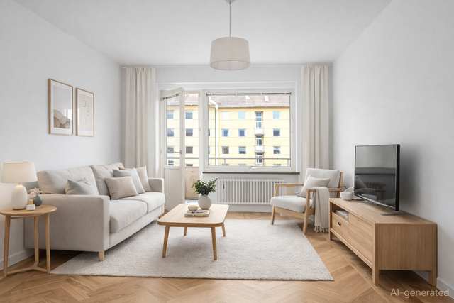 Obs! Bilden är genererad med hjälp av AI för att visualisera ett möblerat vardagsrum. 