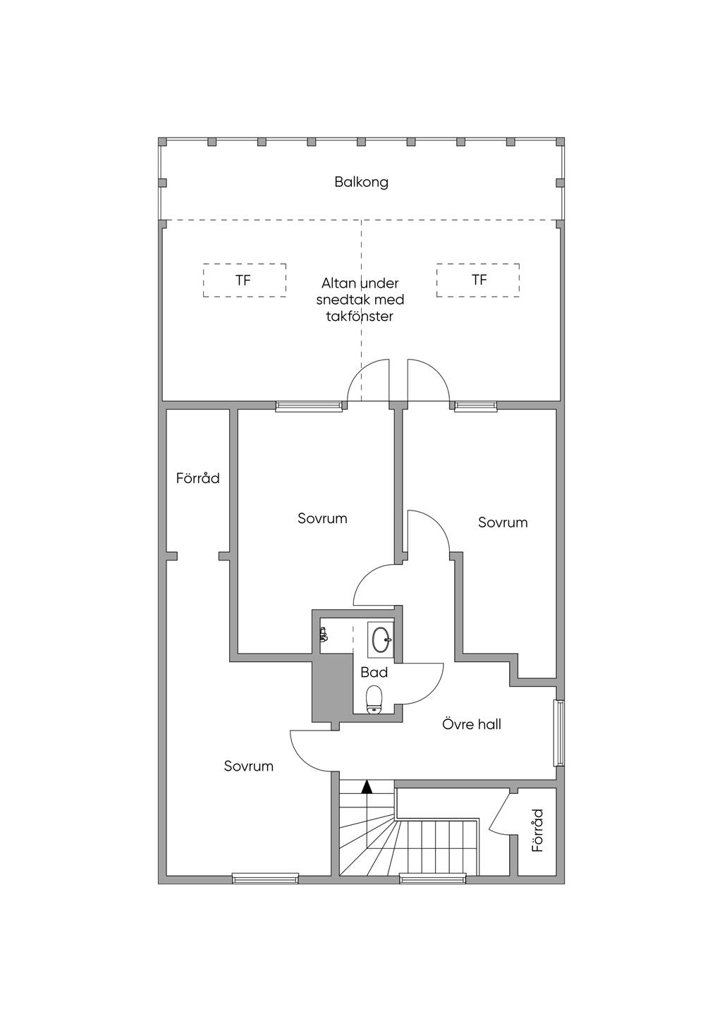 Alternativ övervåning med tre sovrum och stor altan / balkong
