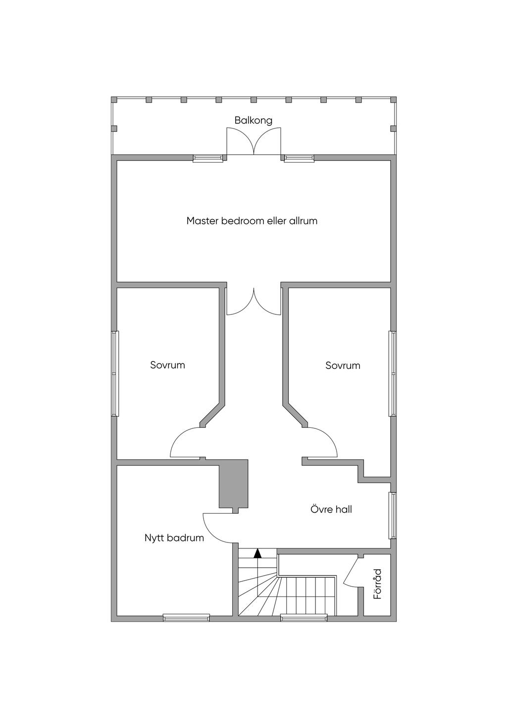 Alternativ övervåning med tre sovrum och nytt badrum samt delvis inbyggd altan/balkong
