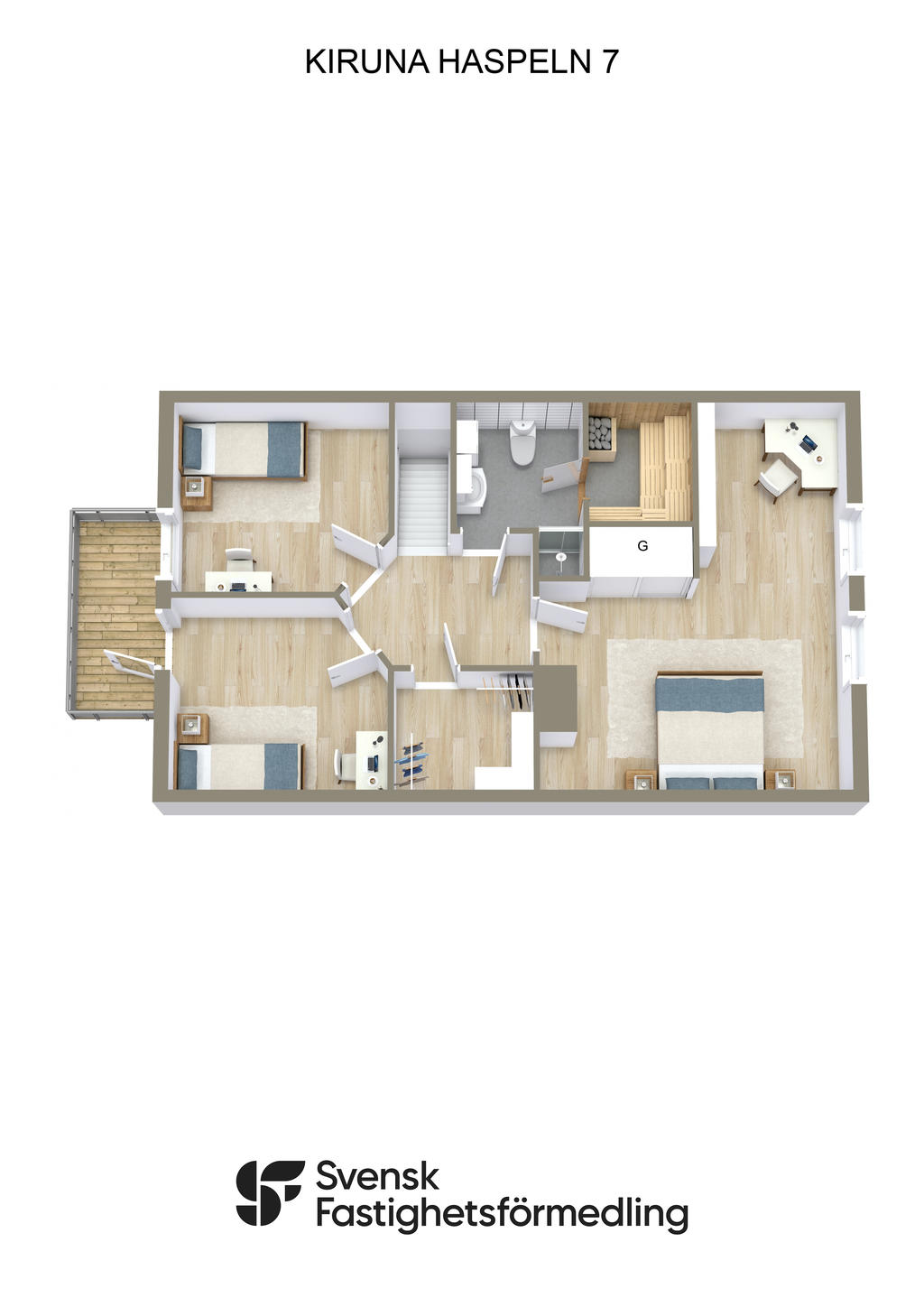 Möblerad planlösning övre plan 