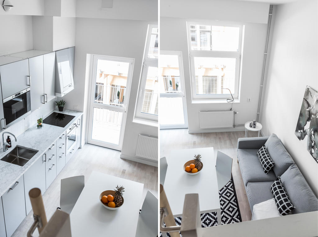 Bild tagen från sängloft, härligt ljusflöde och högt i tak i allrum