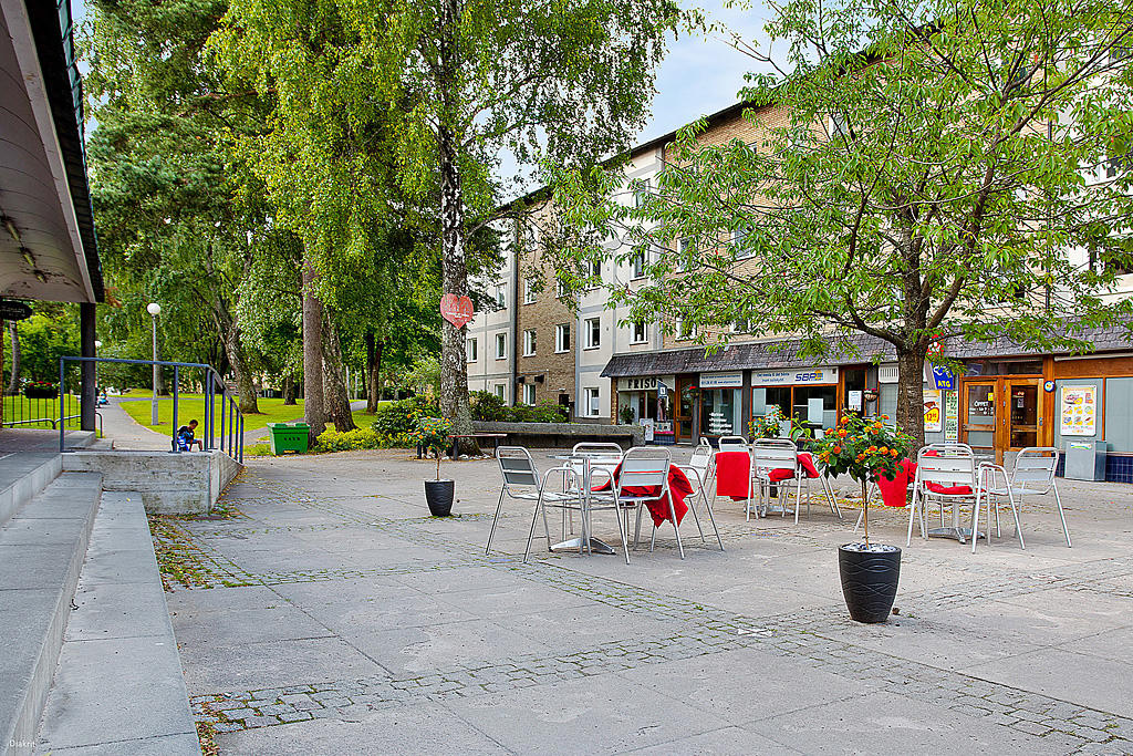 Trätorget som ligger i alldeles i närheten har mataffär, pizzeria, ett populärt café och en frisörsalong.