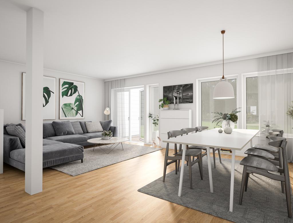 Inspirationsbild: Vardagsrummets glasade pardörr leder ut till baksidans trädäck. Avvikelser kan förekomma.