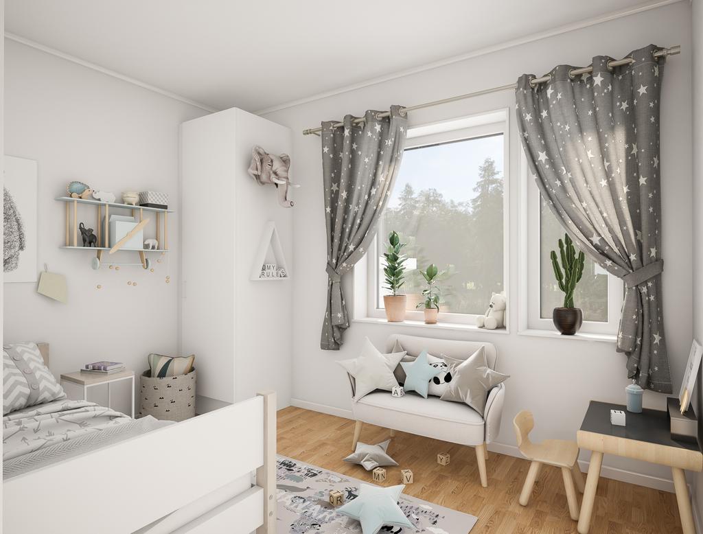 Inspirationsbild: Ett av två lättinredda, praktiska barnrum. Avvikelser kan förekomma.