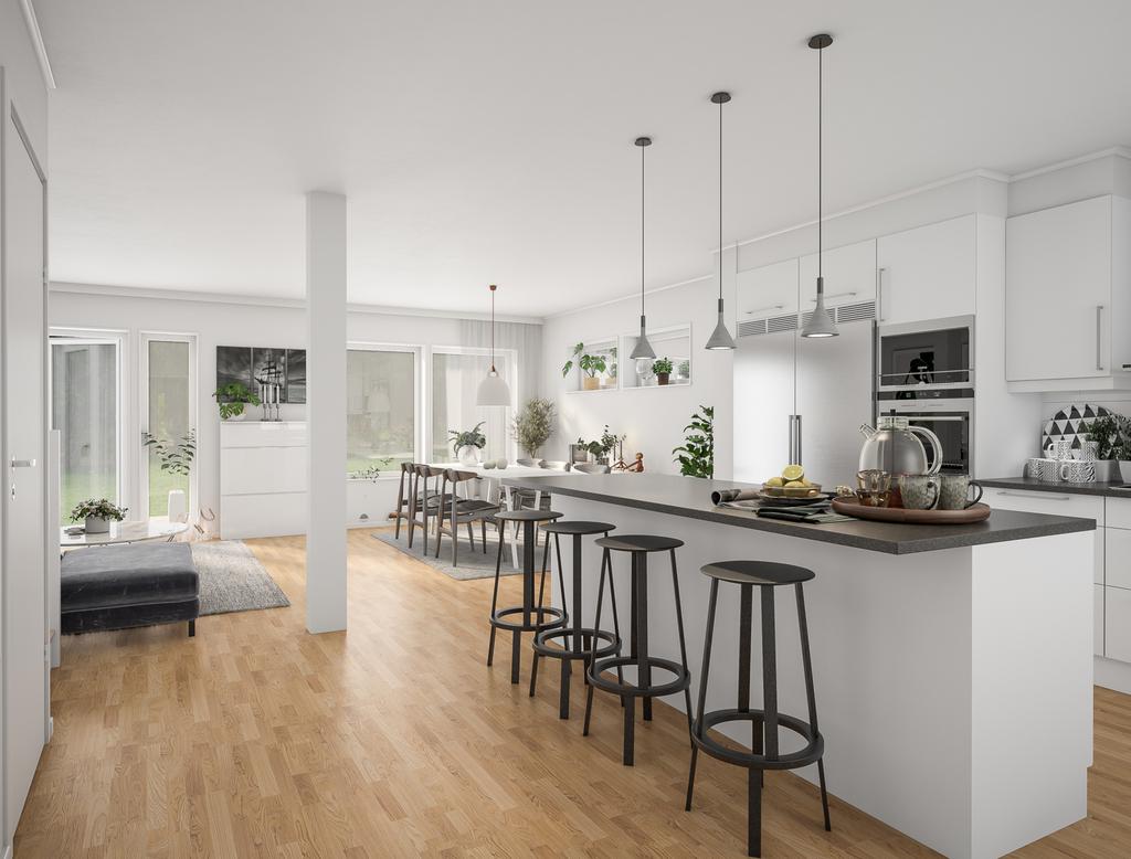 Inspirationsbild: Köksö finns som tillval och kan fungera både som plats för måltider, pysslande och läxläsning. Avvikelser kan förekomma.