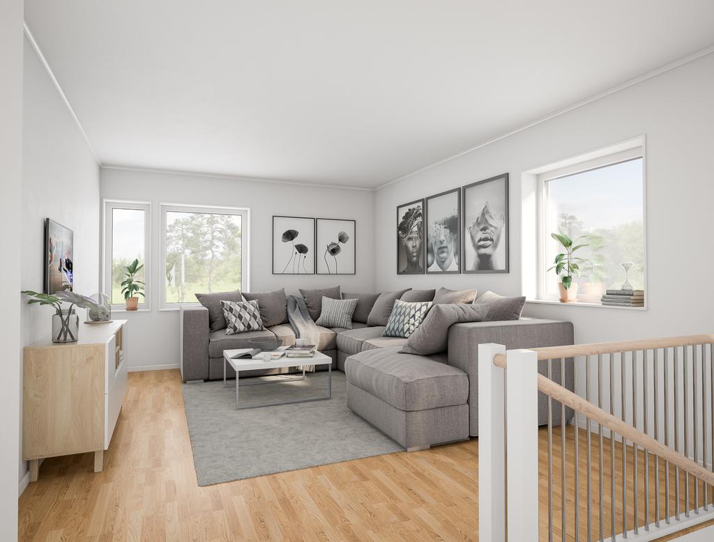 Inspirationsbild: På övervåningen finns ett allrum på 22 kvm där barnen kan ha sin egen lilla filmhörna. Avvikelser kan förekomma.