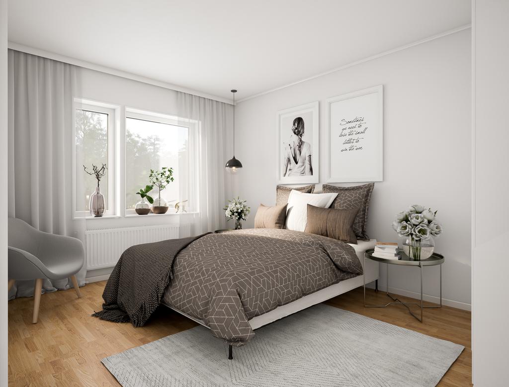 Inspirationsbild: Husets mer privata utrymmen finns på övervåningen - på bilden visas ett av de tre sovrummen. Avvikelser kan förekomma.