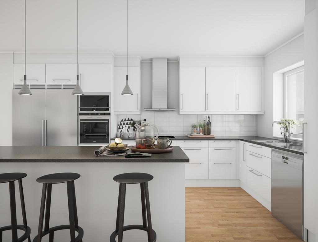 Inspirationsbild: Vitvaror från Siemens ingår som standard i huset. Om du vill kan du även välja till rostfria, svarta eller integrerade vitvaror för att göra ditt boende ännu mer personligt. Avvikelser kan förekomma.