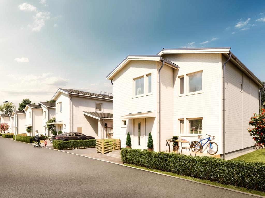 Inspirationsbild: Hur vill du att din framsida ska se ut? Utemöbler och växter vid entrén skapar en levande känsla. Avvikelser kan förekomma.