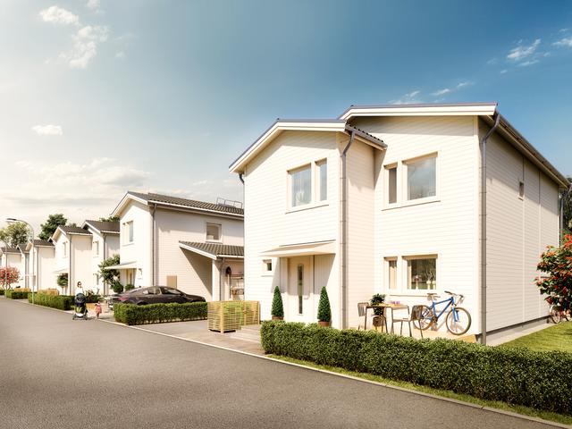 Inspirationsbild: Hur vill du att din framsida ska se ut? Utemöbler och växter vid entrén skapar en levande känsla. Avvikelser kan förekomma.