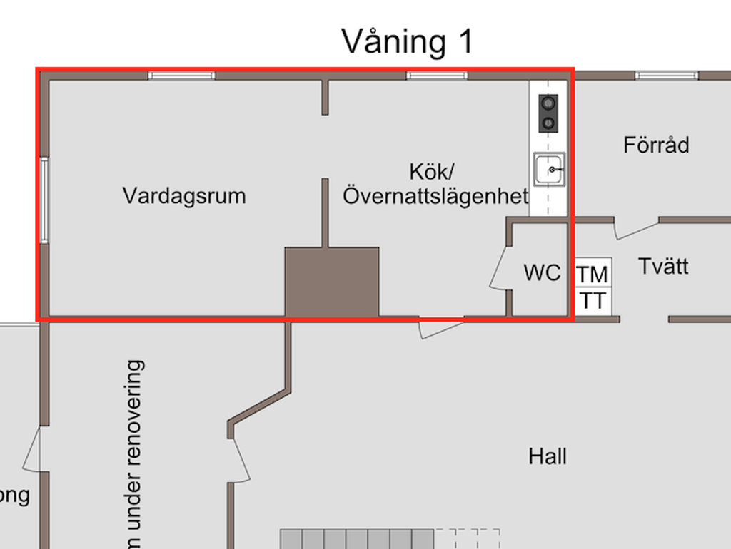 Separat lägenhet på vån 1. Ej fotograferat. 