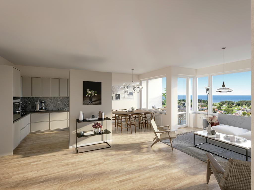 Ljust kök och allrum med avtryck från Öland, enligt grundkoncept som gäller plan 1, 2 och 3. Inspirationsbild, avvikelser kan förekomma.
