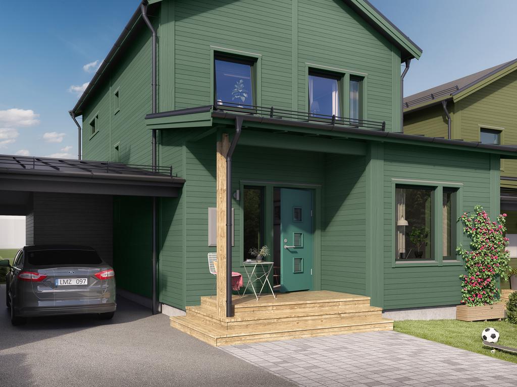 Framsida med carport, fotomontage.