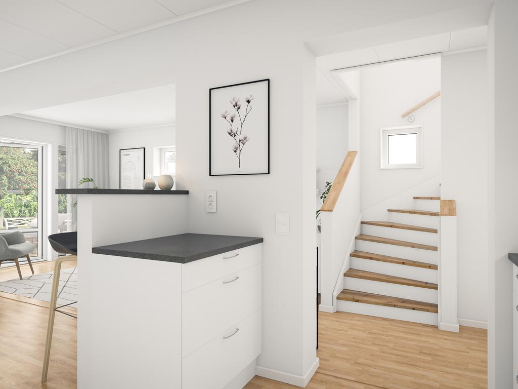 kök mot hall, fotomontage.