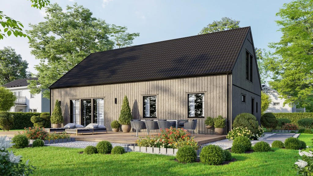Exempelhus från Mjöbäcksvillan (kostnadsförslag finns i annonsen) Observera att bilden är en AI-bild och att tomten inte är bunden till någon husleverantör.