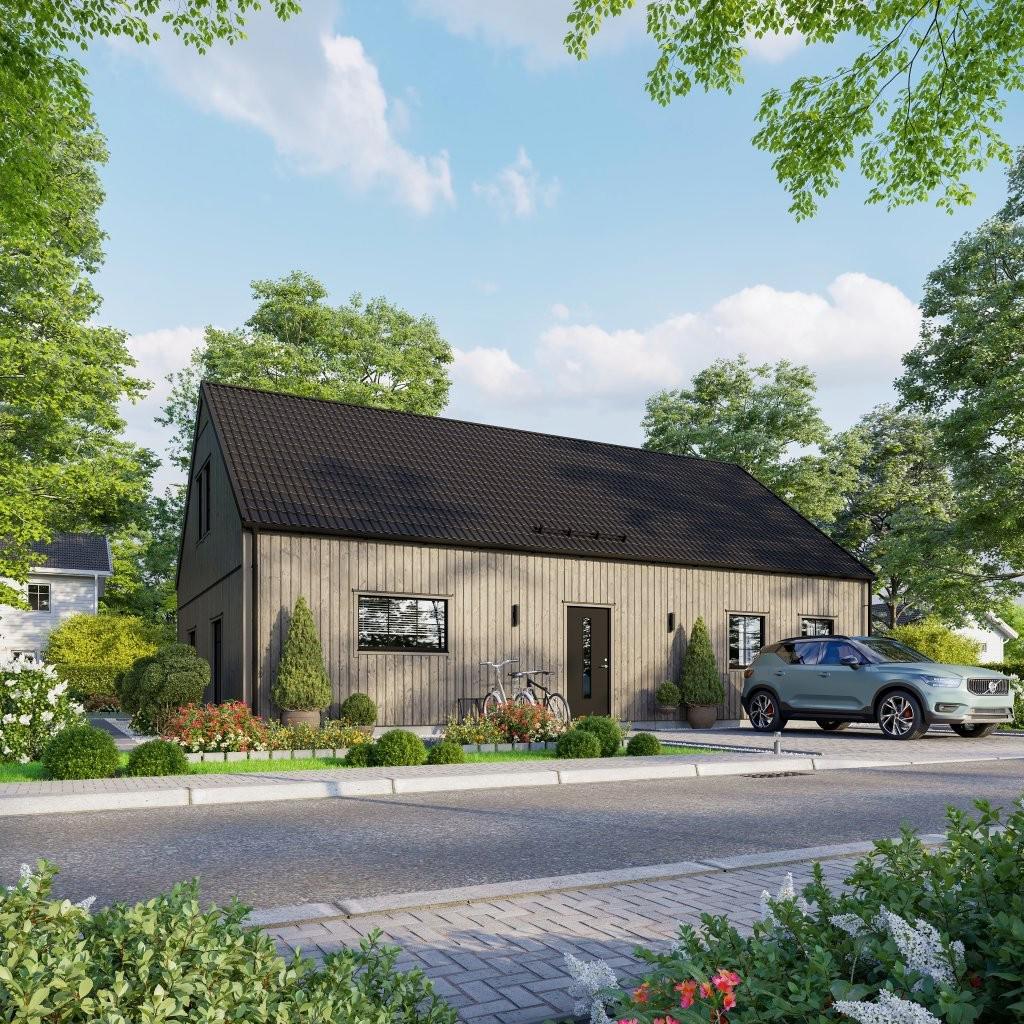 Exempelhus från Mjöbäcksvillan (kostnadsförslag finns i annonsen) Observera att bilden är en AI-bild och att tomten inte är bunden till någon husleverantör.