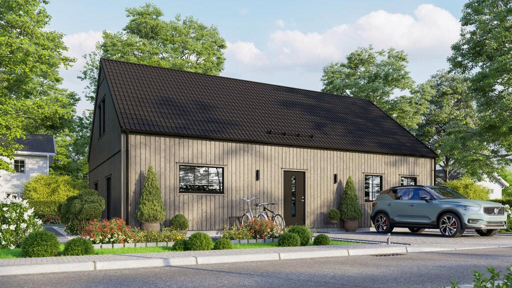 Exempelhus från Mjöbäcksvillan (kostnadsförslag finns i annonsen) Observera att bilden är en AI-bild och att tomten inte är bunden till någon husleverantör.