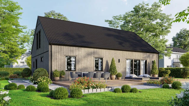 Exempelhus från Mjöbäcksvillan (kostnadsförslag finns i annonsen) Observera att bilden är en AI-bild och att tomten inte är bunden till någon husleverantör.
