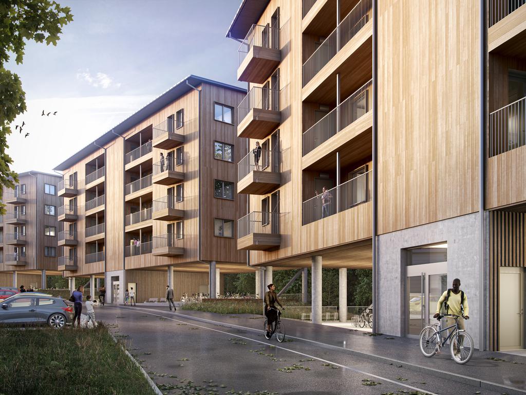 Cykelställen är placerade nära utgången under huset, vilket på ett naturligt sätt skyddar cyklarna mot väder och vind.  Illustrationsbild, avvikelser kan förekomma.