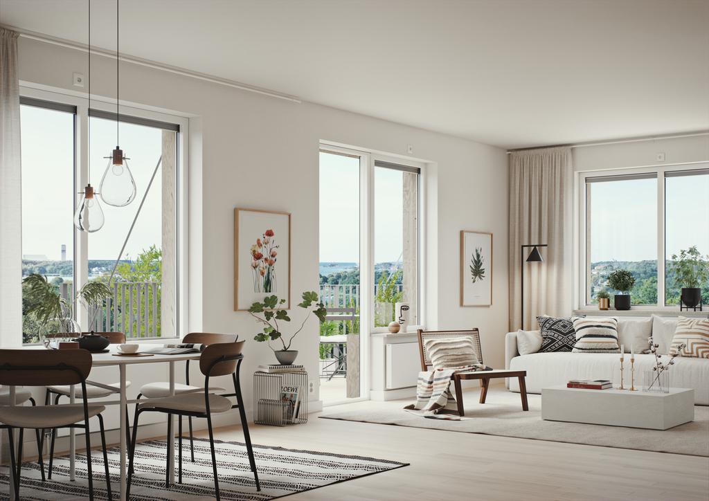 Ljus och öppen planlösning mellan vardagsrum och matplats med utgång till en stor balkong. Illustrationsbild från 4 rok, avvikelser kan förekomma.