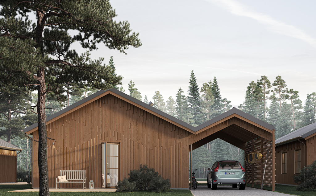 Entrésida - Notera att de bilder som visas är exempel och att huset ännu inte är uppfört. Observera att vidbyggd carport utgör ett tillval.