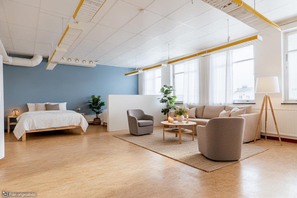Visualisering: Koncept för flexibelt enskilt boende. De stora rummen kan enkelt delas av för att skapa privata boendeytor.