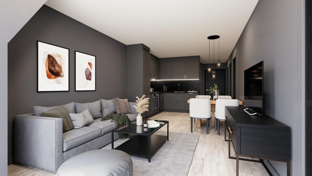 Bilderna är digitalt illustrerade renderingsbilder och kan vara från olika lägenheter i byggnaden.