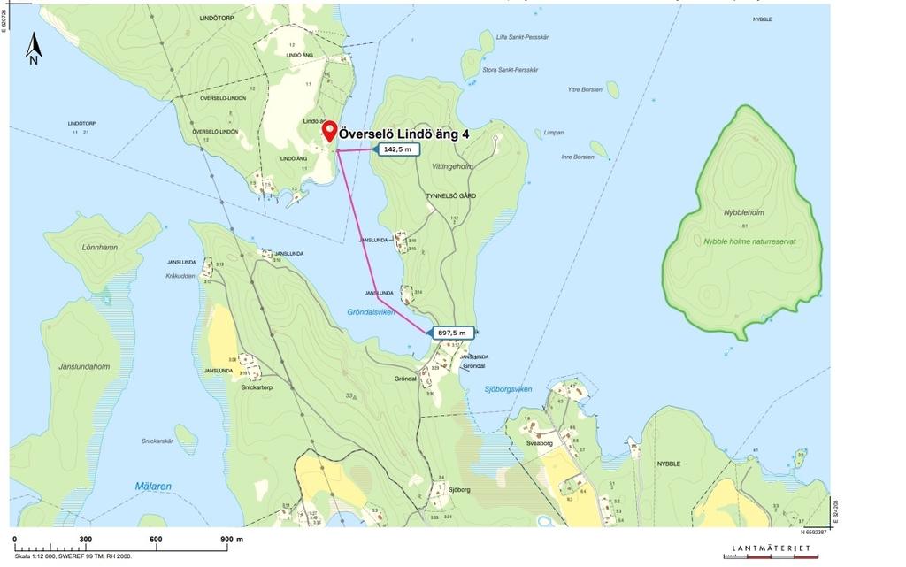 Karta Lindö Äng 4 med avstånd