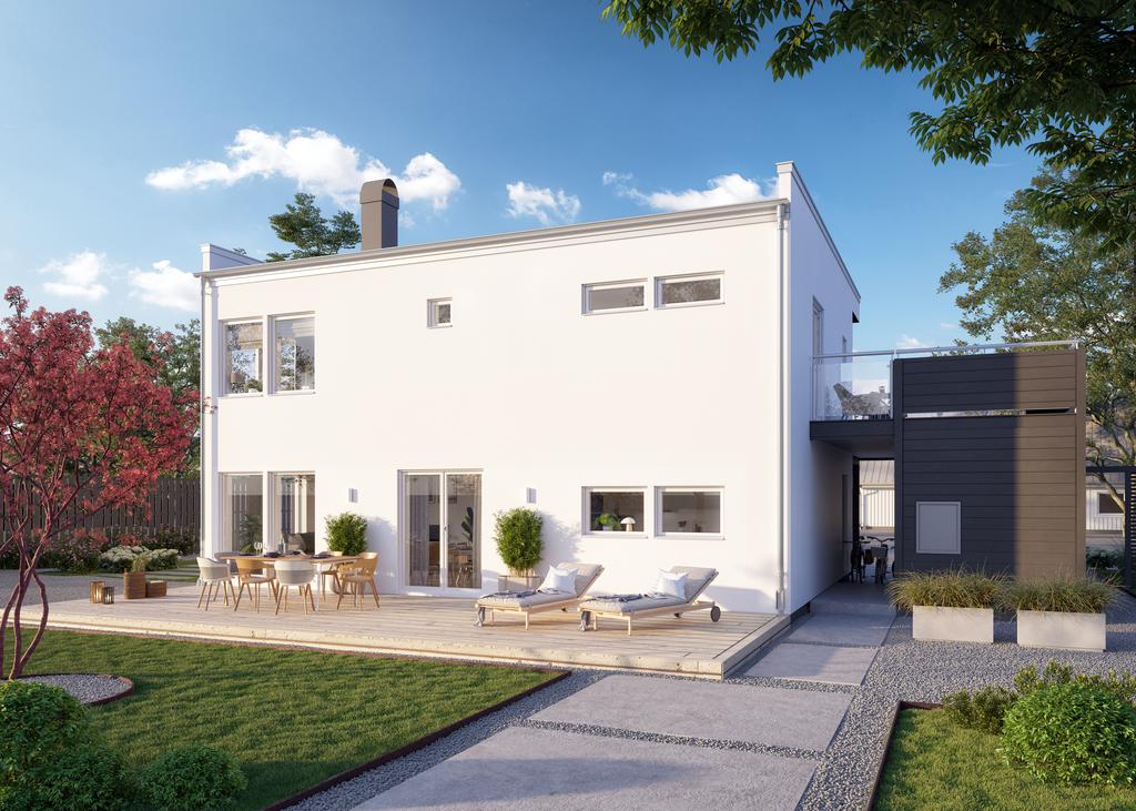 Hus Bymarken från Eksjöhus. I kostnadskalkyl räknas träfasad, dvs inga putsade ytor.