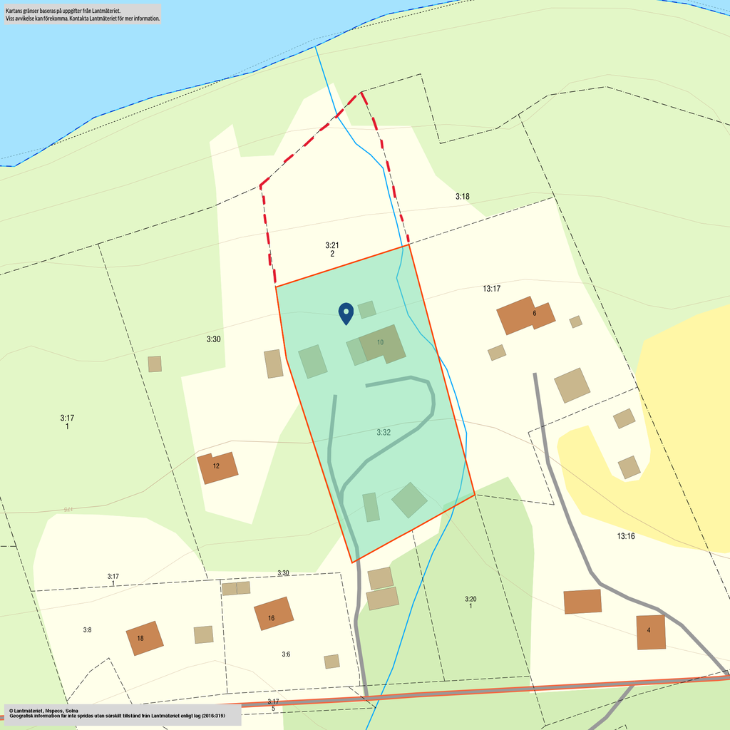 Fastighetskarta med arrenderad ängsmark om 1100 kvm inritad (streckad linje).