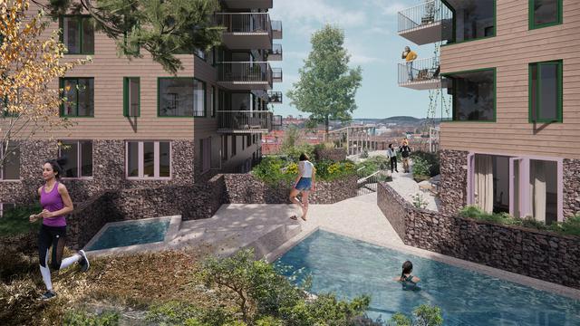 Illustration av innergård och pool