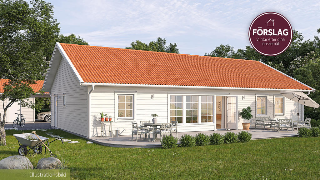 Bilden är ett fotomontage i syfte att inspirera och visa exempel på hur bostaden skulle kunna se ut. Villa Skäret T, en utav flera idéhus från VarbergsHus. 