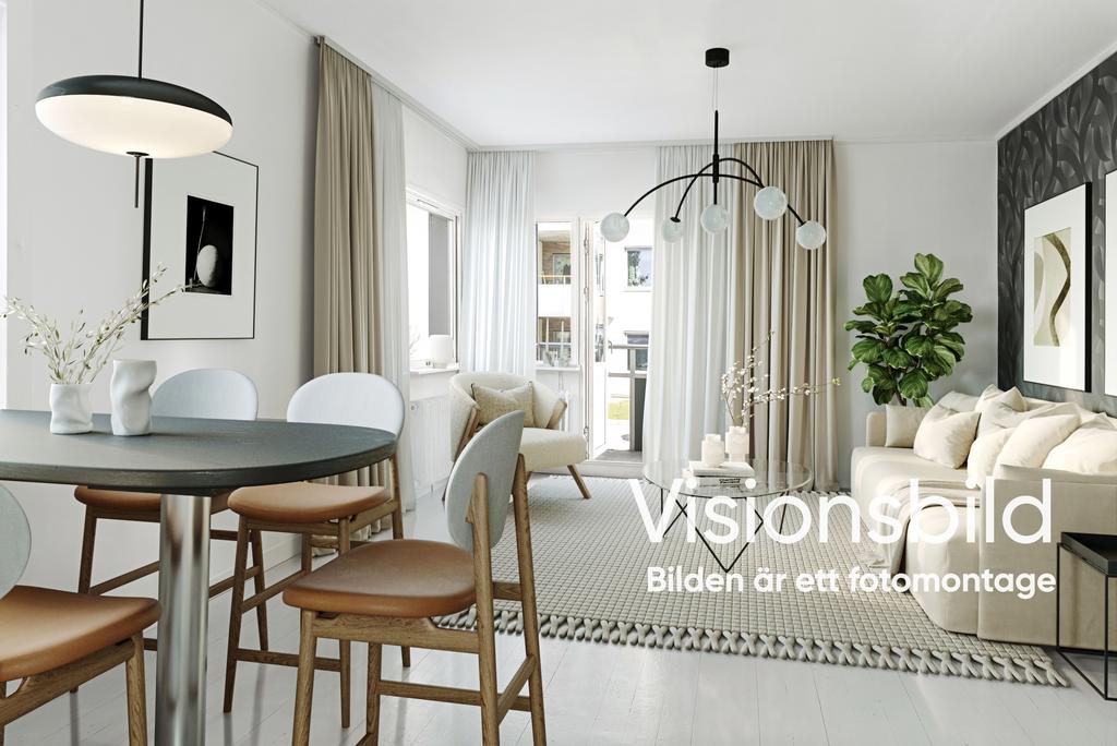 Bilden är ett fotomontage i syfte att inspirera och visa exempel på hur bostaden skulle kunna se ut. 