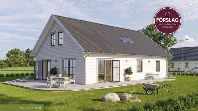 Bilden är ett fotomontage i syfte att inspirera och visa exempel på hur bostaden skulle kunna se ut. Idéhus Villa Ängaviken Traditionell.