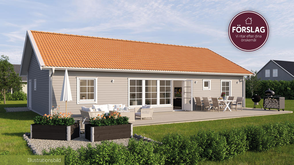 Bilden är ett fotomontage i syfte att inspirera och visa exempel på hur bostaden skulle kunna se ut. Idéhus Villa Skäret.