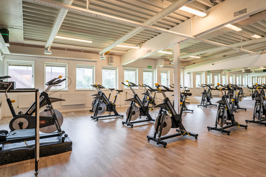Gruppträningssal med spinning-cyklar. 