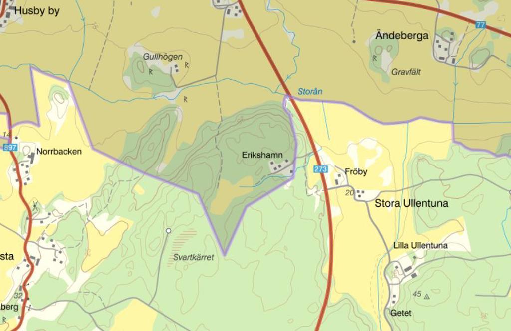 Huset är beläget i Knivsta kommun. Det lila strecket visar gränsen mellan Knivsta kommun och Sigtuna kommun.  