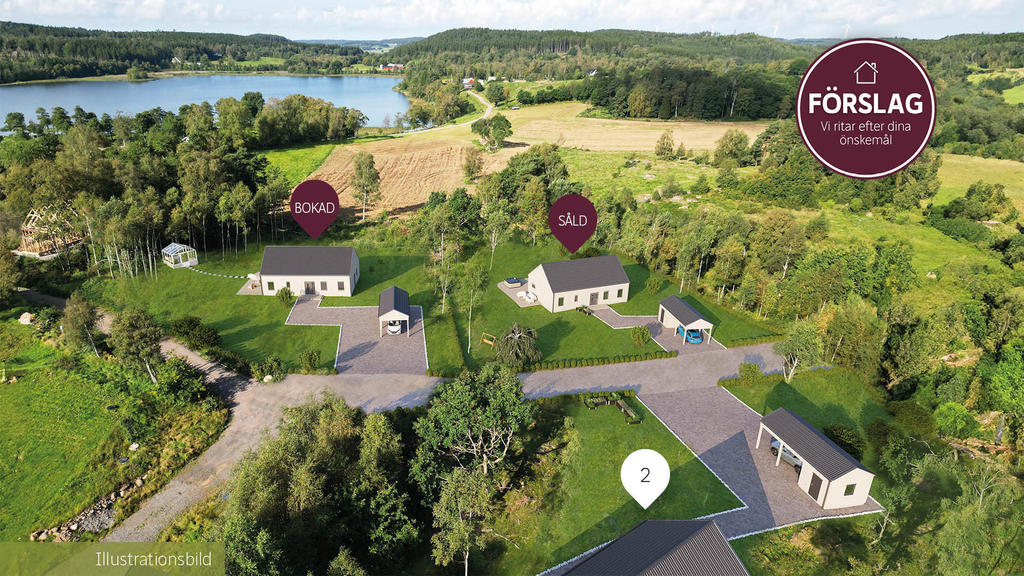 Drönarbild på tomten med husförslag i 3D