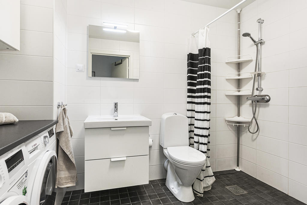 Duschrum och tvättmiljö, torktumlare och tvättmaskin