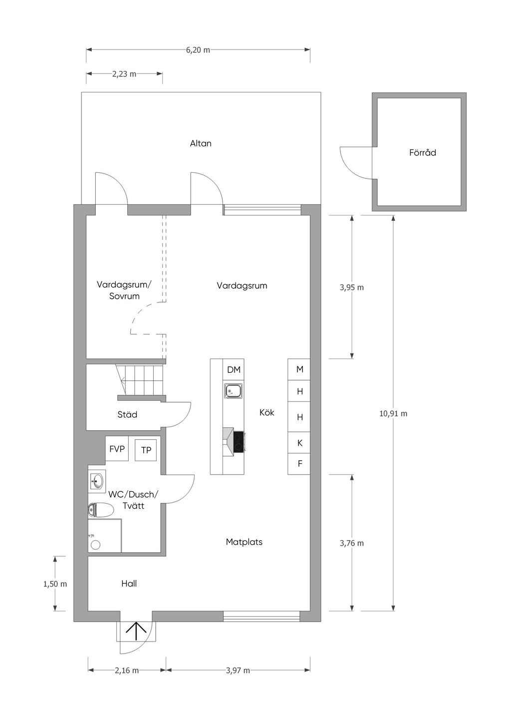 ALTERNATIV planlösning med 4 sovrum och större vardagsrum på entréplan