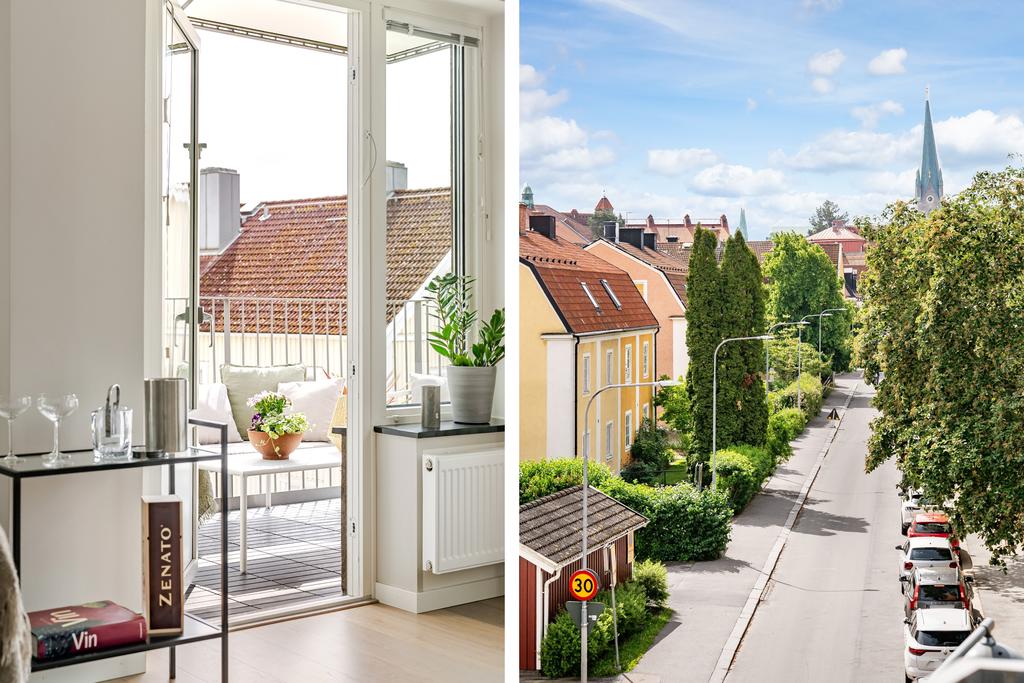 Utgång till balkong med utsikt över takåsarna mot stan