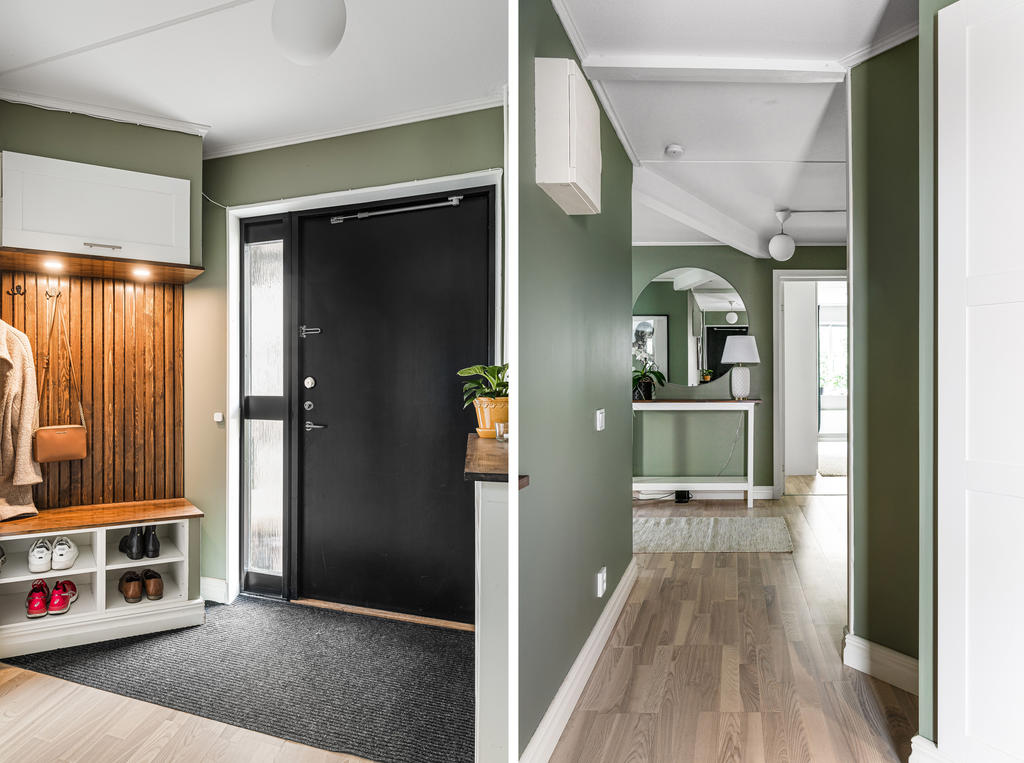 Entréhall med platsbyggda förvarings, sittdel samt elementskydd