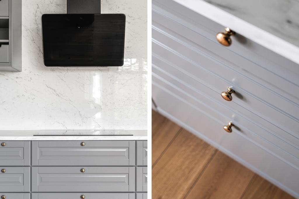 Fina detaljer i köket som mässingsknoppar. Stänkskydd i sten. Induktionshäll. Innerlådor i lådorna med mera.