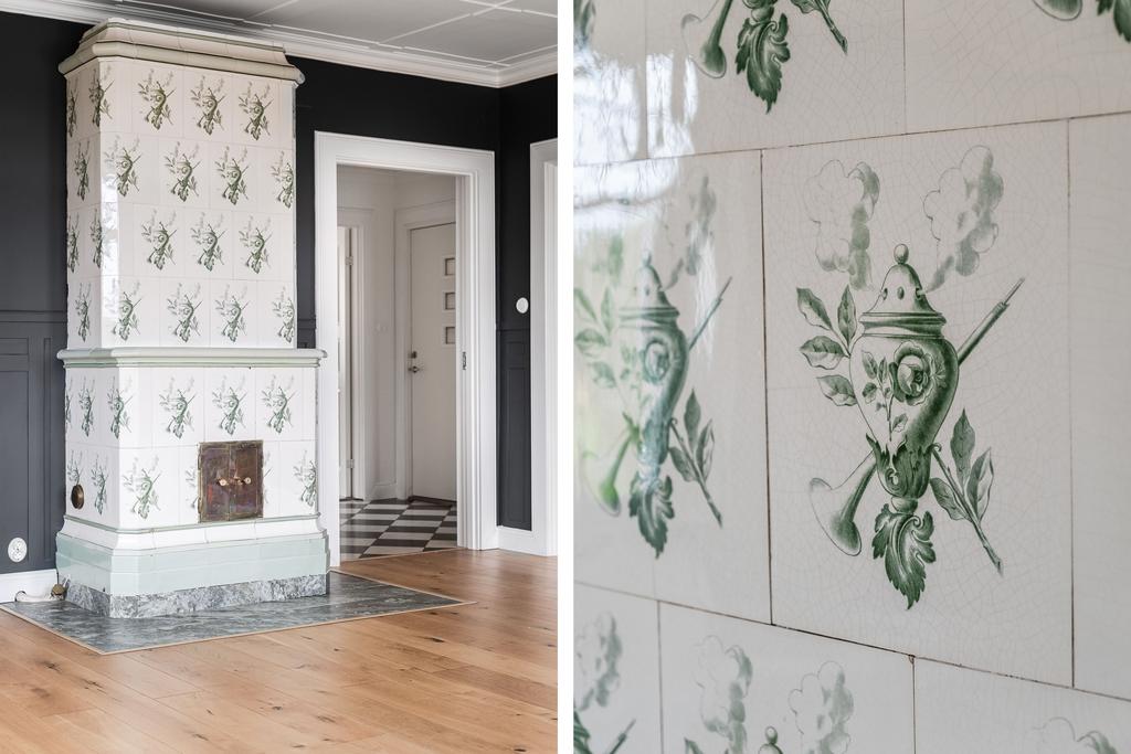 En vacker kakelugn med detaljrika målningar i kakelplattorna. Sotad och eldningsbar.