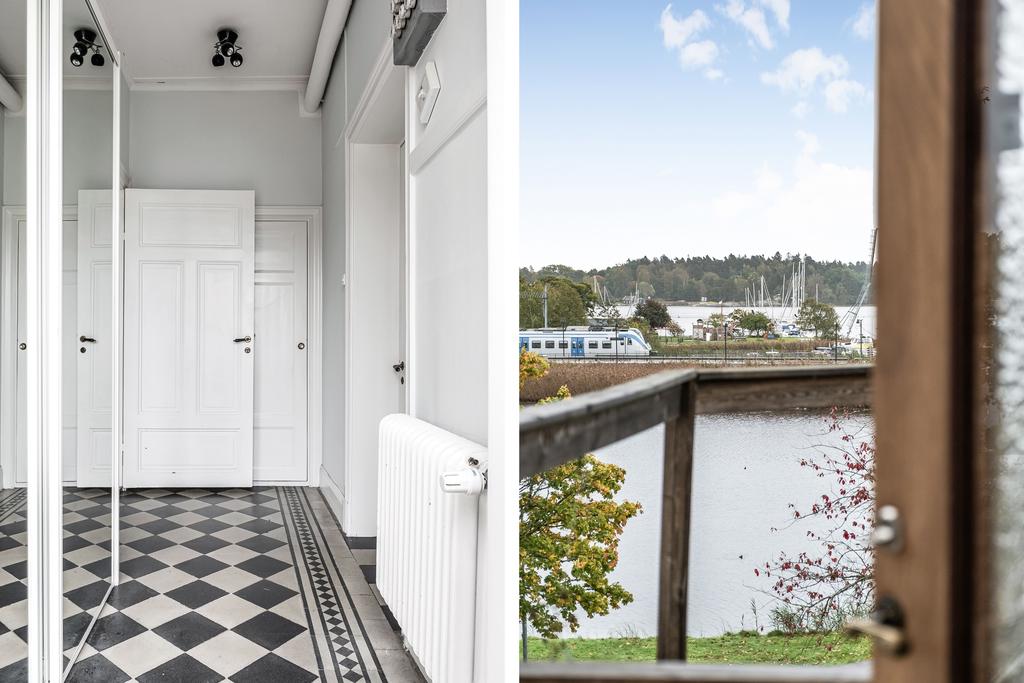 Souterränplanet: Entré till lägenheten till hall med skjutdörrsgarderob. Klädkammare i bakgrunden.