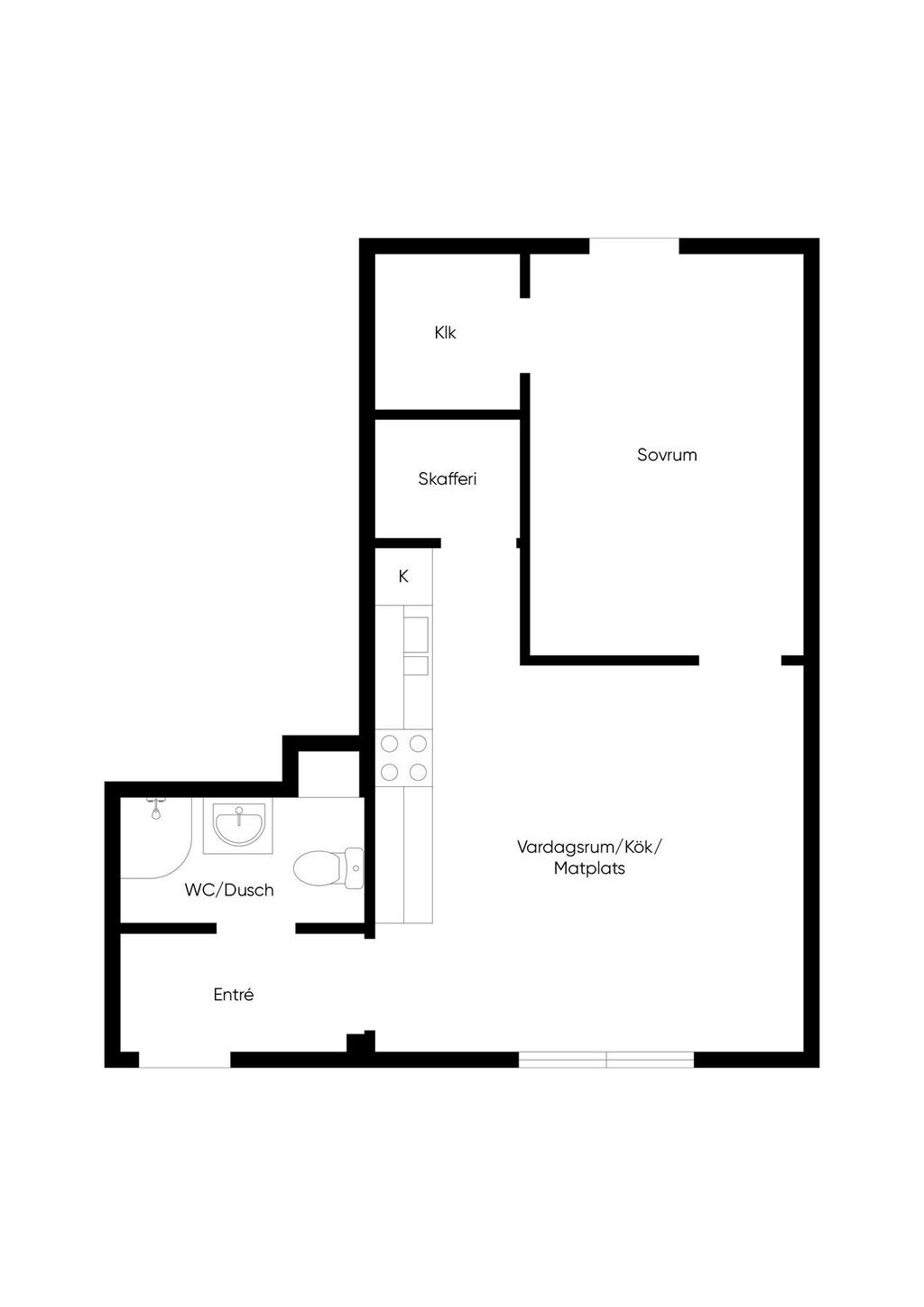 Planlösning Lgh C (Lgh B är lika men spegelvänd)