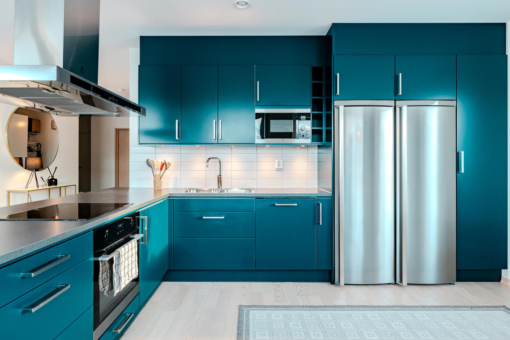 Snyggt, modernt kök med fullstor kyl och frys samt inbyggd micro och diskmaskin.