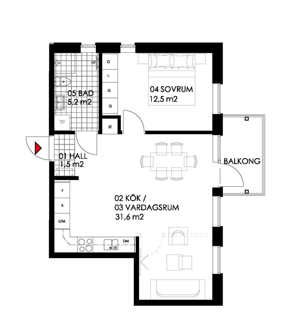 Planlösning 2,5 rok. Vill du ha en tvåa eller en trea? Skapa en trea genom att bygga en vägg och dörr i vardagsrummet