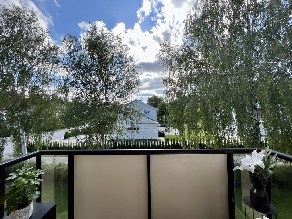 Från balkongen i soligt söderläge har man vy över villor himmel och björkar