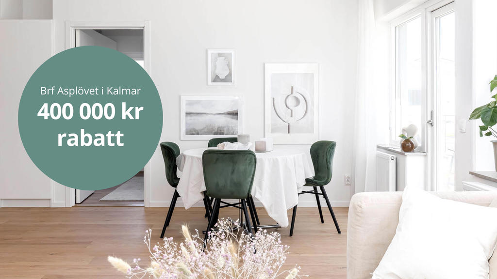 400 000 kr i rabatt! Bostadens nya pris framgår i annonsen.